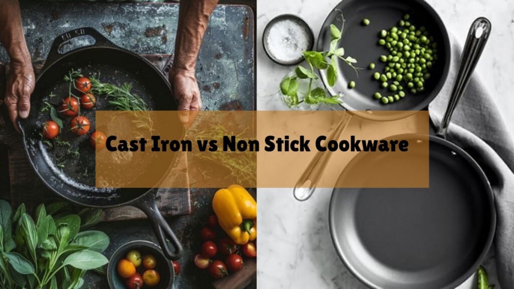 Cast iron skillet and non-stick pan side by side on a kitchen counter — cookware comparison by Castinex