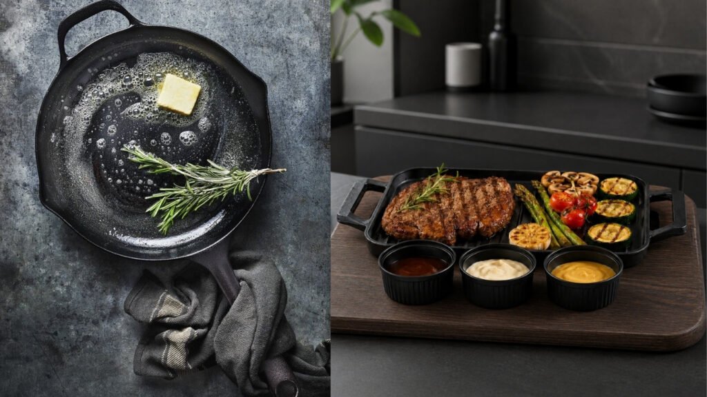 Castinex pre-seasoned cast iron frying pan and pre-seasoned cast iron Grill plate with pre-seasoned cast iron sauce bowl with wooden base