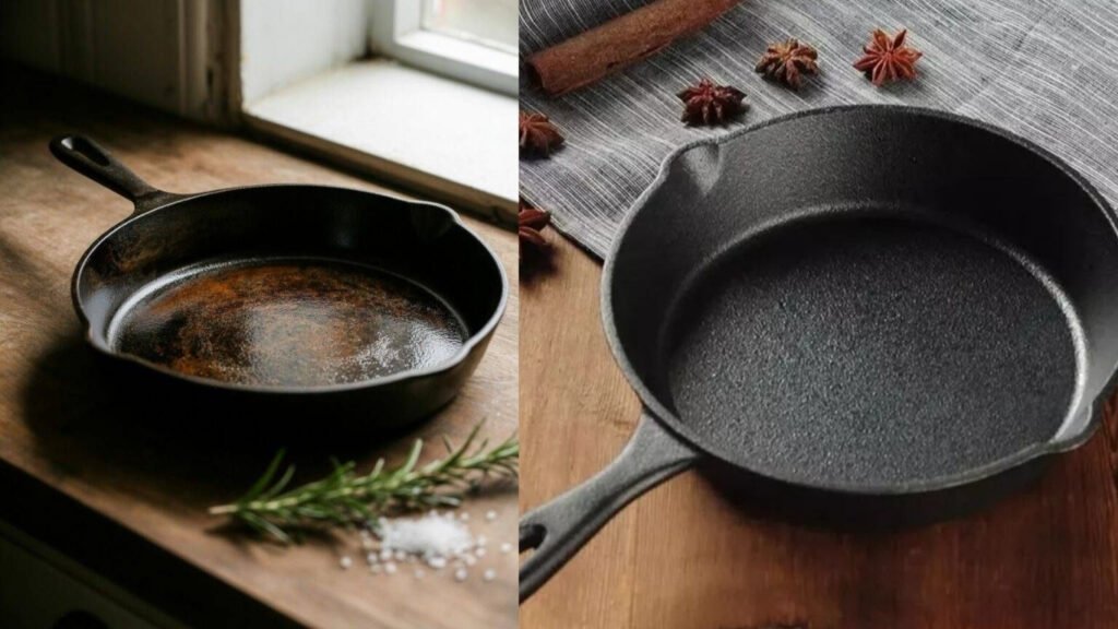 Well seasoned cast iron skillet showing years of use durable European cast iron cookware by Castinex