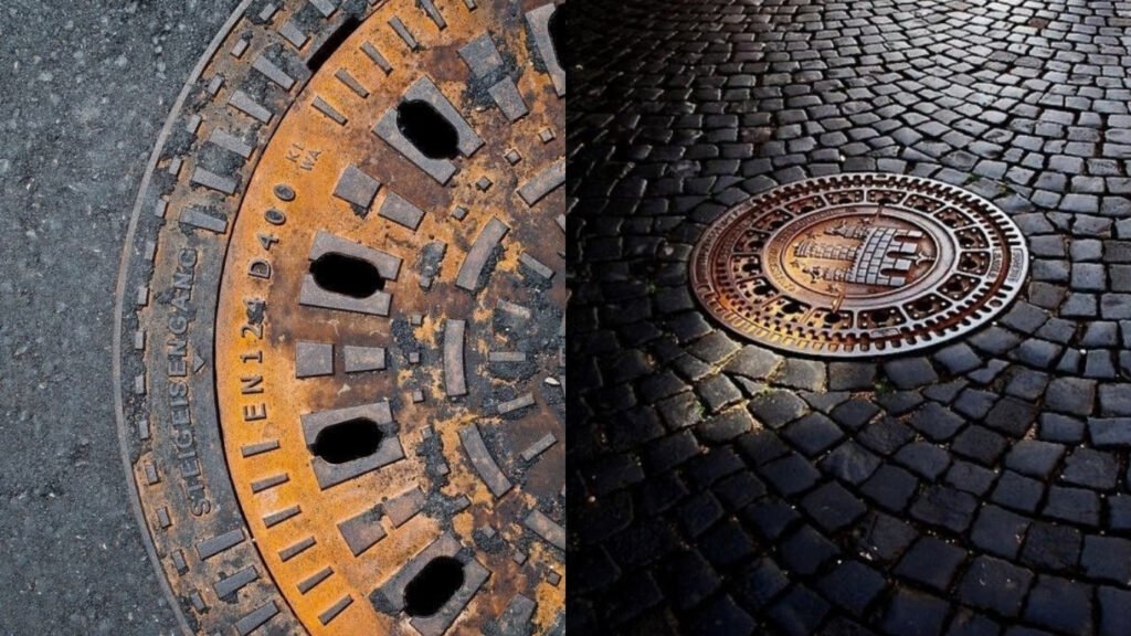 cast iron manhole cover- close up of a cast iron manhole cover showing the surface pattern and EN124 markings- European infrastructure quality by Castinex